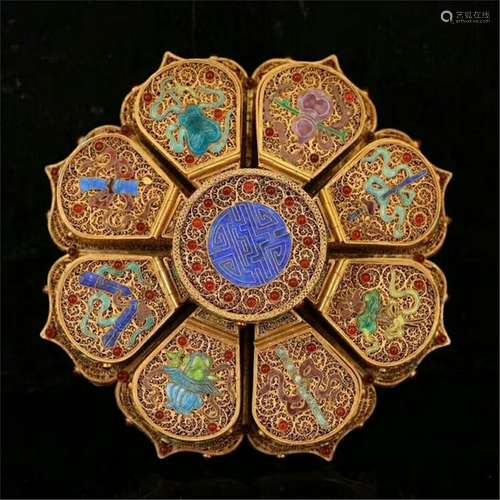 CHINESE GILT SILVER ENAMEL FLOWER SHAPED BOX