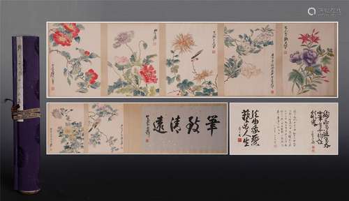 CHINESE HAND SCROLL PAINTING OF FLOWER WITH CALLIGRAPHY