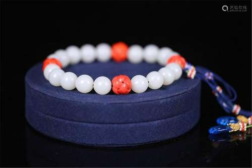 CHINESE WHITE JADE BEAD BUDDHIST BRACELET