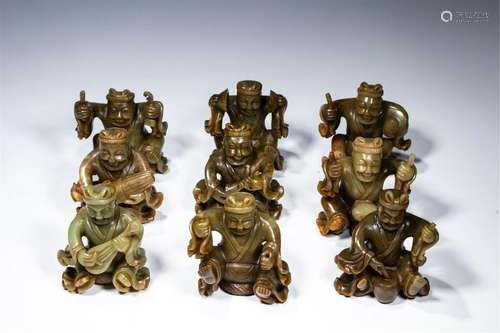 NINE CHINESE ANCIENT JADE MUSICAN FIGURES