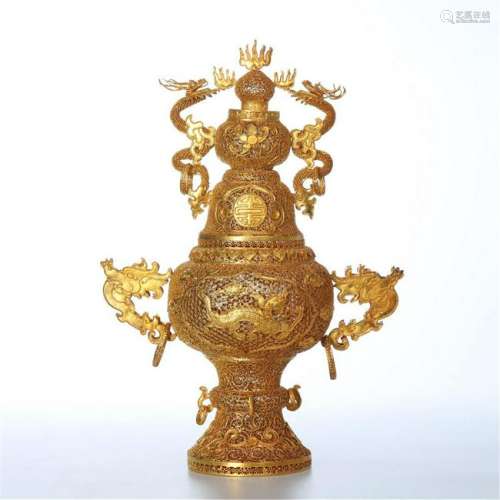 CHINESE GILT SILVER DRAGON HANDLE LIDDED VASE