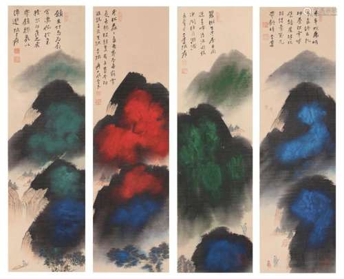 FOUR PANELS OF CHINESE SCROLL PAINTING OF MOUNTAIN