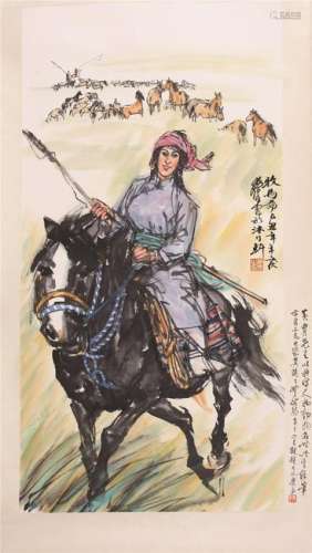 CHINESE SCROLL PAINTING OF GIRL ON HORSE