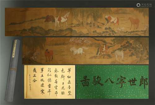 CHINESE HAND SCROLL PAINTING OF EIGHT HORSE WITH