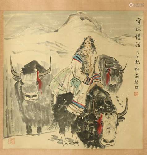 CHINESE SCROLL PAINTING OF GIRL ON YAK