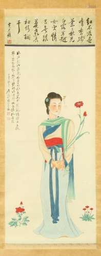 CHINESE SCROLL PAINTING OF BEAUTY AND FLOWER WITH