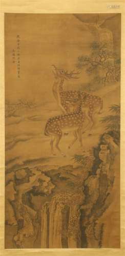 CHINESE SCROLL PAINTING OF DEER IN MOUNTAIN
