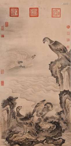 CHINESE SCROLL PAINTING OF EAGLE ON ROCK