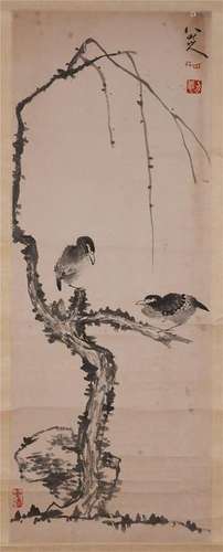 CHINESE SCROLL PAINTING OF BIRD ON TREE