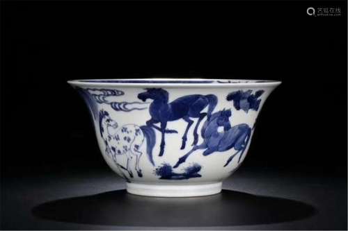 CHINESE PORCELAIN BLUE AND WHITE HORSE BOWL