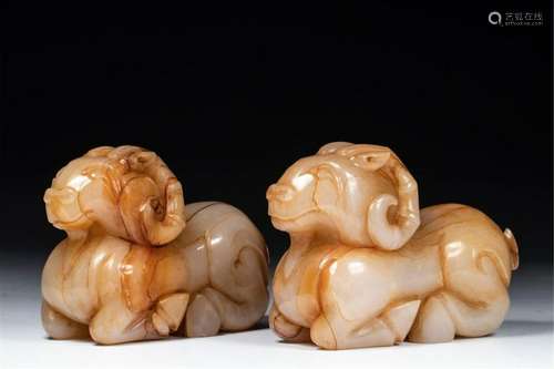 PAIR OF CHINESE ANCIENT JADE RAMS