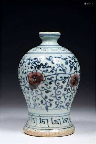 CHINESE PORCELAIN BLUE AND WHITE RED UNDER GLAZE FLOWER