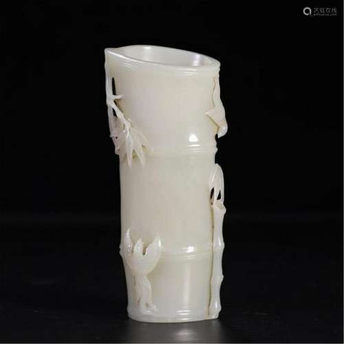 CHINESE GREY JADE BAMBOO INCENSE HOLDER