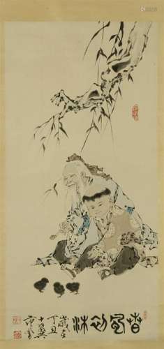 CHINESE SCROLL PAINTING OF MAN UNDER TREE