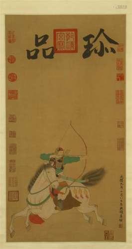 CHINESE SCROLL PAINTING OF WARRIOR ON HORSE WITH MANY
