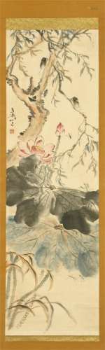 CHINESE SCROLL PAINTING OF LOTUS AND TREE