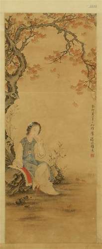 CHINESE SCROLL PAINTING OF BEAUTY UNDER TREE