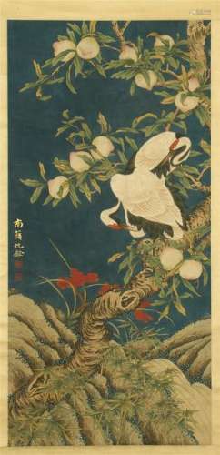 CHINESE SCROLL PAINTING OF CRANE ON PEACH TREE
