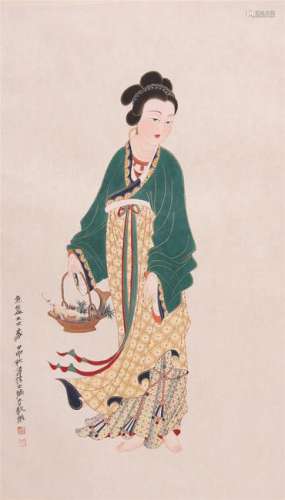 CHINESE SCROLL PAINTING OF BEAUTY WITH BASKET