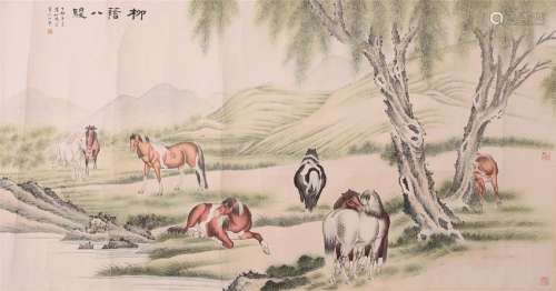 CHINESE SCROLL PAINTING OF HORSE UNDER TREE