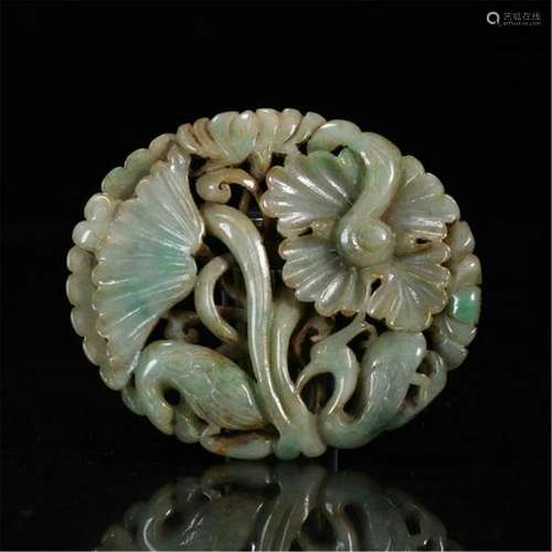 CHINESE JADEITE LOTUS ROUND PLAQUE