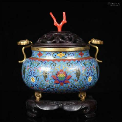 CHINESE CLOISONNE FLOWER CENSER WITH ROSEWOOD LIDDER
