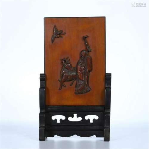 CHINESE BAMBOO MAN WITH DEER PLAQUE ROSEWOOD TABLE