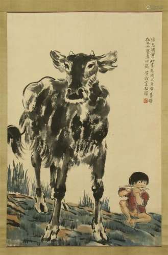 CHINESE SCROLL PAINTING OF BOY WITH OX
