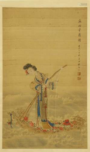 CHINESE SCROLL PAINTING OF BEAUTY ON FLOWER BOAT