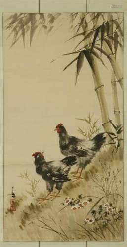 CHINESE SCROLL PAINTING OF ROOSTER AND BAMBOO