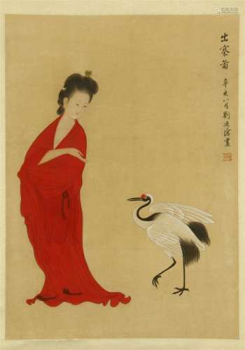 CHINESE SCROLL PAINTING OF BEAUTY AND CRANE