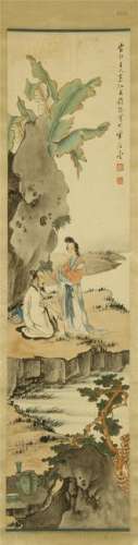 CHINESE SCROLL PAINTING OF PEOPLE IN MOUNTAIN