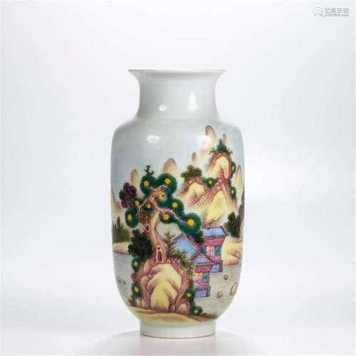 CHINESE PORCELAIN FAMILLE ROSE MOUNTAIN VIEWS VASE