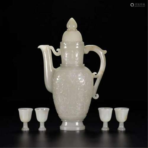 CHINESE GREY JADE WINE KETTLE WITH FOUR CUPS