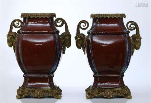 PAIR OF CHINESE PORCELAIN RED GLAZE SQUARE VASE