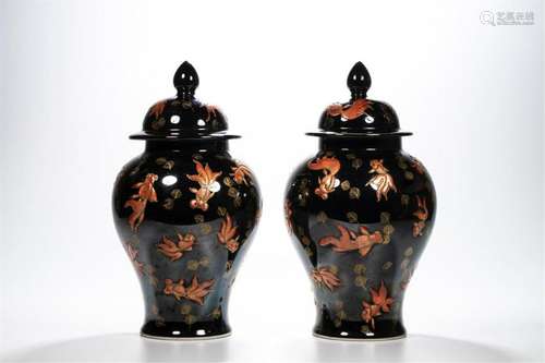 PAIR OF CHINESE PORCELAIN BLACK GLAZE IRON RED FISH