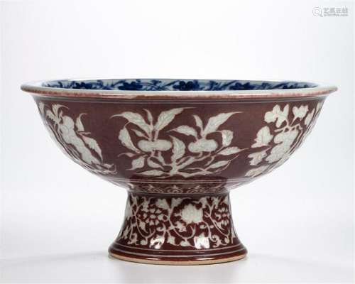 CHINESE PORCELAIN BLUE AND WHITE COPPER RED FLOWER STEM