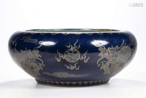 CHINESE PORCELAIN BLUE GLAZE GOLD PAINTED DRAGON BOWL