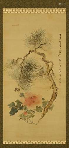 CHINESE SCROLL PAINTING OF FLOWER AND PINE