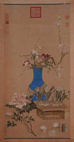 CHINESE SCROLL PAINTING OF FLOWER IN VASE