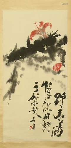 CHINESE SCROLL PAINTING OF FLOWER WITH CALLIGRAPHY