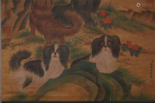 CHINESE SCROLL PAINTING OF DOG UNDER TREE