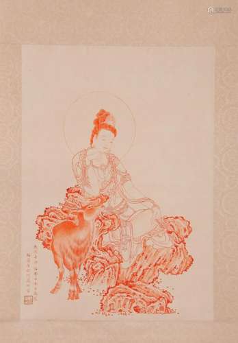 CHINESE SCROLL PAINTING OF SEATED GUANYIN WITH DEER