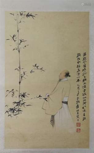 CHINESE SCROLL PAINTING OF MAN AND BAMBOO