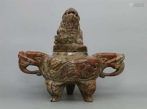 CHINESE SOAPSTONE BEAST LIDDED CENSER