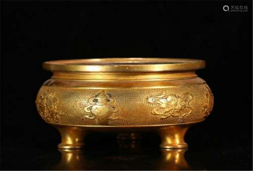 CHINESE GILT BRONZE TRIPLE FEET ROUND CENSER