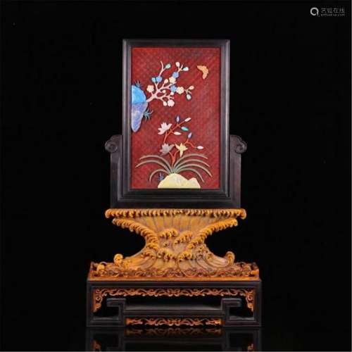 CHINESE GEM STONE INLAID ROSEWOOD BOXWOOD TABLE SCREEN