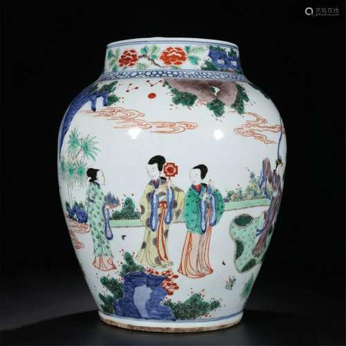 CHINESE PORCELAIN WUCAI BEAUTH IN GARDEN JAR