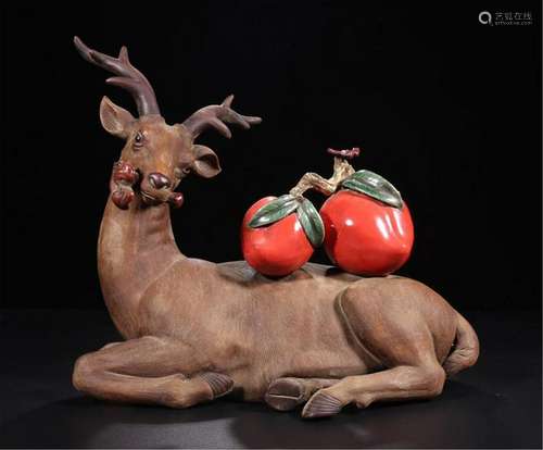 CHINESE YIXING ZISHA CLAY DEER WITH LINGCHI AND PEACH