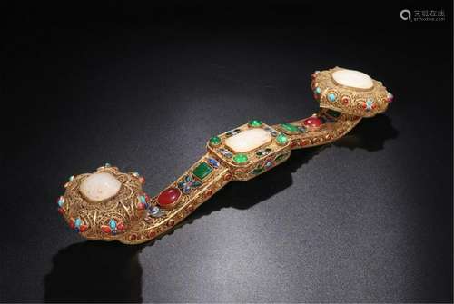 CHINESE GEM STONE INLAID GILT SILVER RUYI SCEPTER